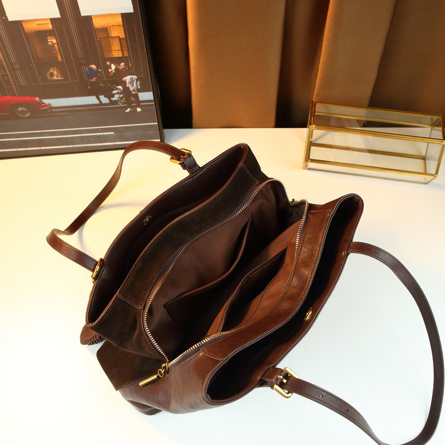 Women's Large-Capacity Commute Frosted Fall Winter Office Leather Suede Brown-Tone Workwear Retro Tote Bag Shoulder Crossbody Purse for Work and Travel