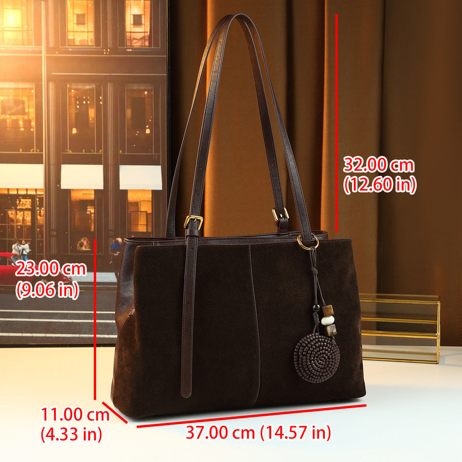 Women's Large-Capacity Commute Frosted Fall Winter Office Leather Suede Brown-Tone Workwear Retro Tote Bag Shoulder Crossbody Purse for Work and Travel