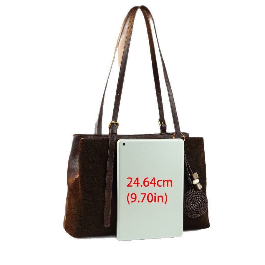 Women's Large-Capacity Commute Frosted Fall Winter Office Leather Suede Brown-Tone Workwear Retro Tote Bag Shoulder Crossbody Purse for Work and Travel