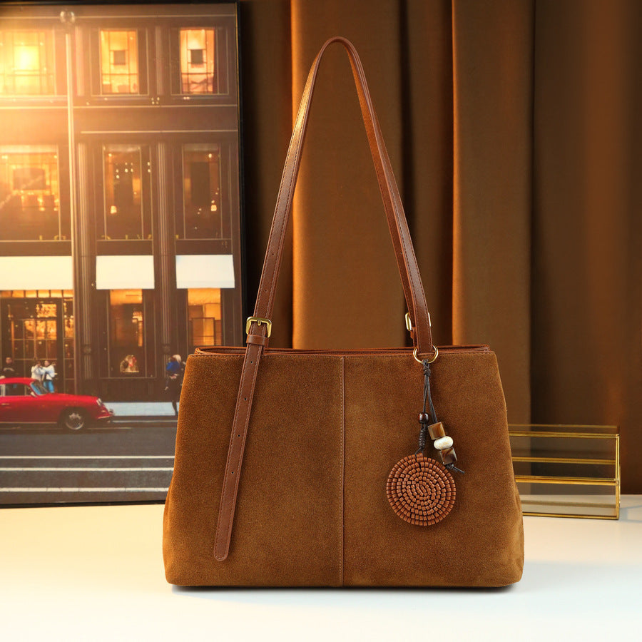 Women's Large-Capacity Commute Frosted Fall Winter Office Leather Suede Brown-Tone Workwear Retro Tote Bag Shoulder Crossbody Purse for Work and Travel