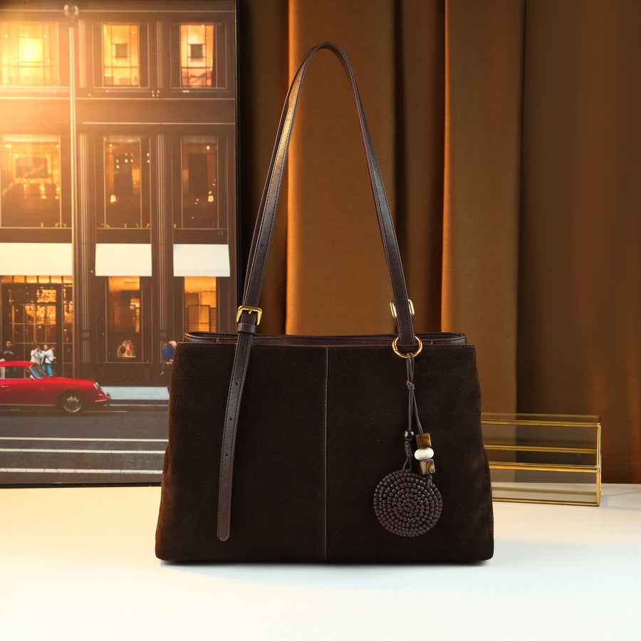 Women's Large-Capacity Commute Frosted Fall Winter Office Leather Suede Brown-Tone Workwear Retro Tote Bag Shoulder Crossbody Purse for Work and Travel