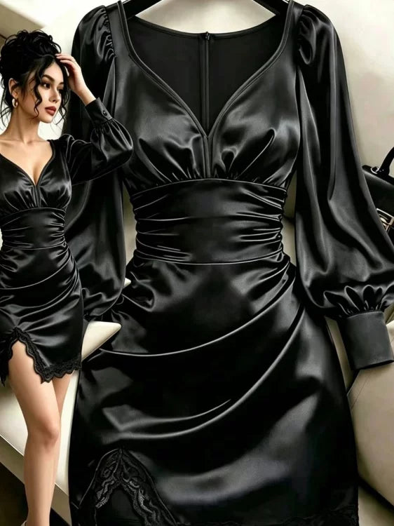 Women's V-neck Black Lace Puff Sleeve Evening Dress Formal Midi Dress Party Dress Formal Party Wedding Guest Dress