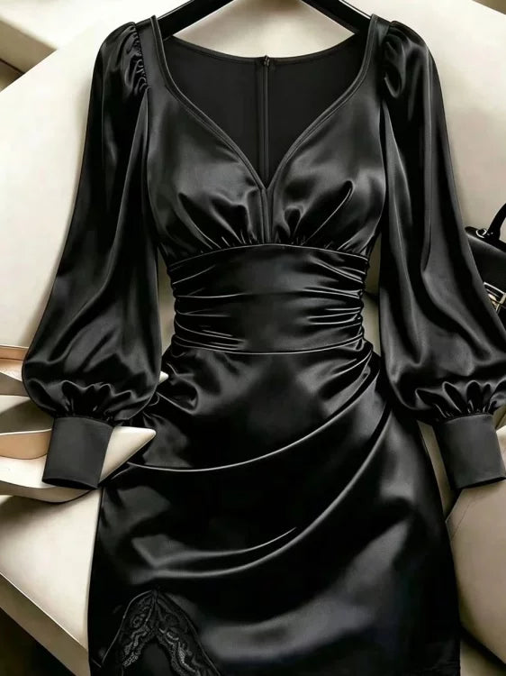Women's V-neck Black Lace Puff Sleeve Evening Dress Formal Midi Dress Party Dress Formal Party Wedding Guest Dress
