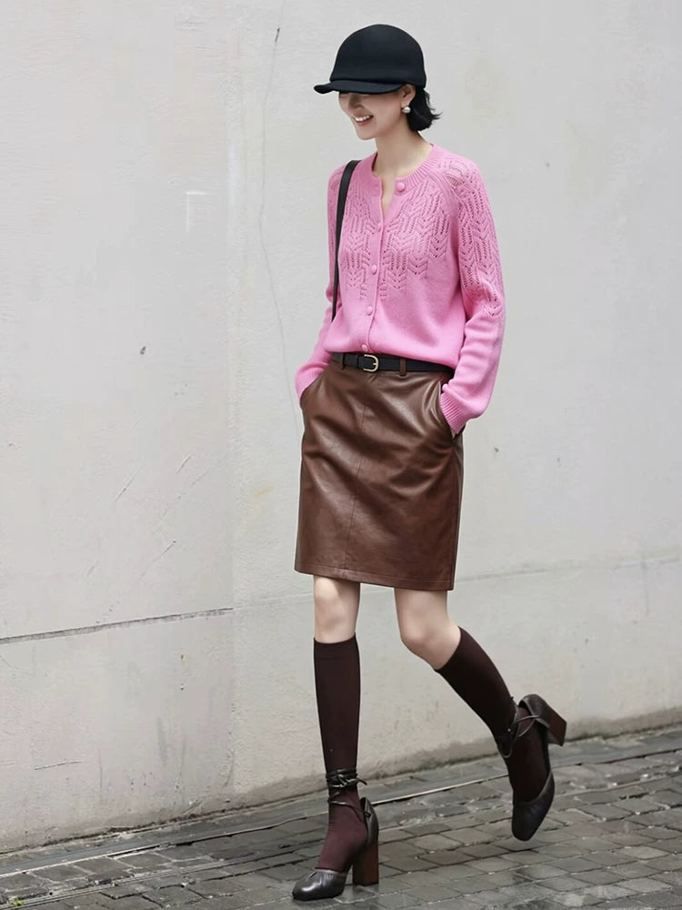 Women's Pink Brown Leather-Look Knit Cardigan Open-Front Sweater for Office Outfits Fall Work and Weekend Spring Everyday