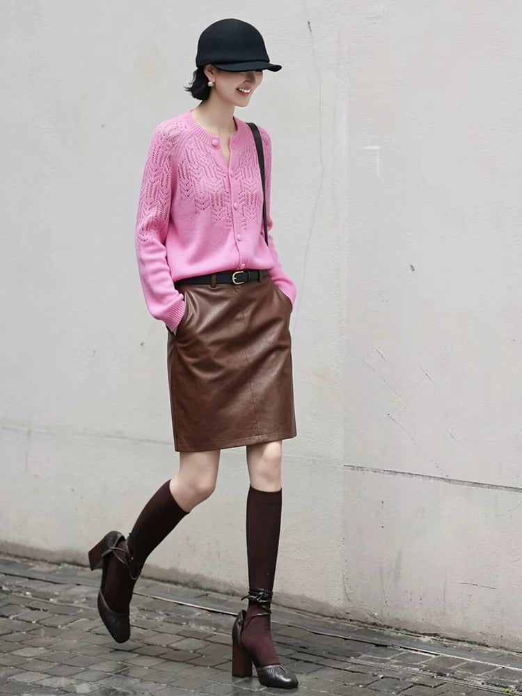 Women's Pink Brown Leather-Look Knit Cardigan Open-Front Sweater for Office Outfits Fall Work and Weekend Spring Everyday