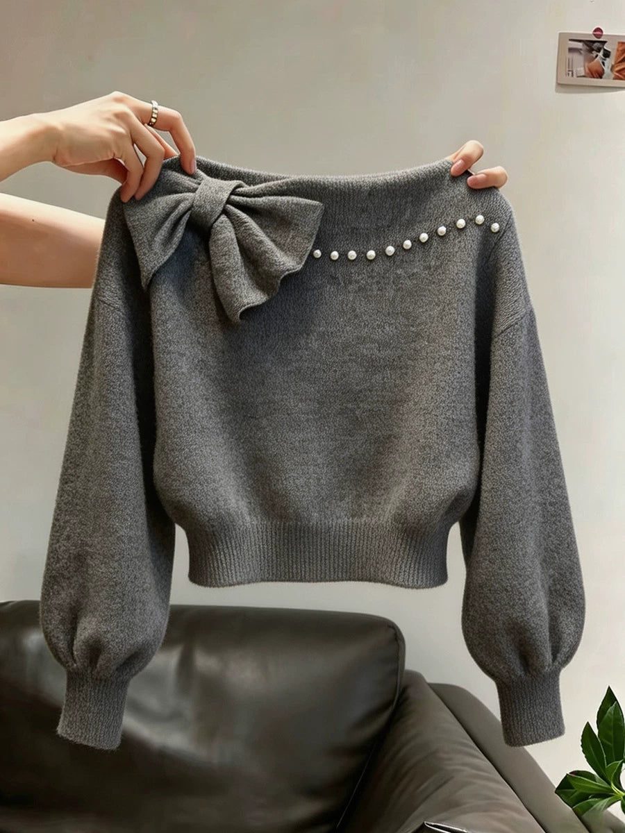 Women's Grey Puff Sleeve Bow Cropped Sweater Knit Pullover Top for Fall Winter Spring Travel Office Everyday Date Night