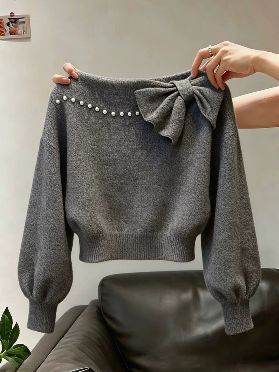 Women's Grey Puff Sleeve Bow Cropped Sweater Knit Pullover Top for Fall Winter Spring Travel Office Everyday Date Night