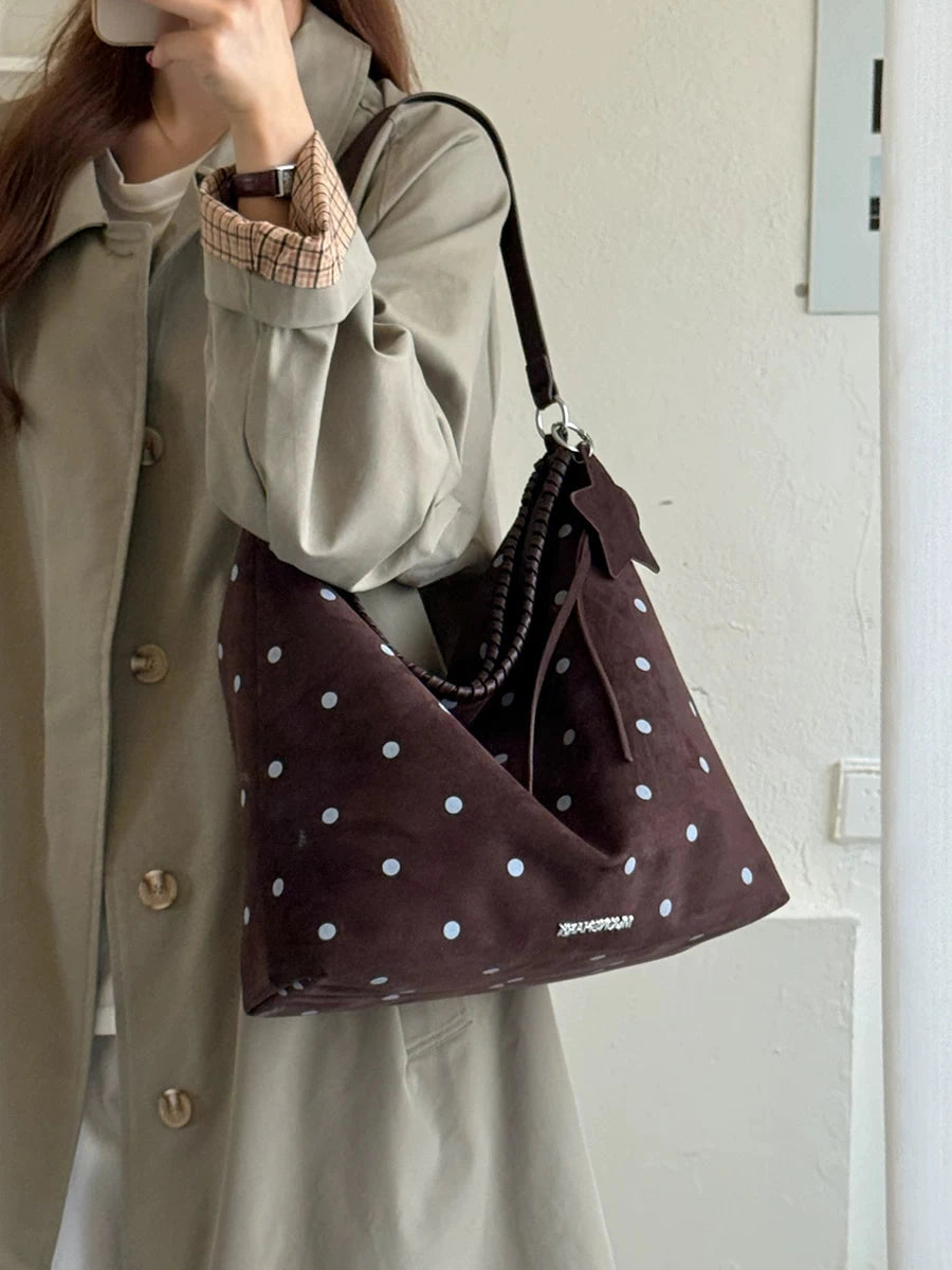 Women's Fall Winter Suede-look Polka-dot Office Workwear Retro Tote Bag Shoulder Crossbody Purse Work Travel Everyday Purse