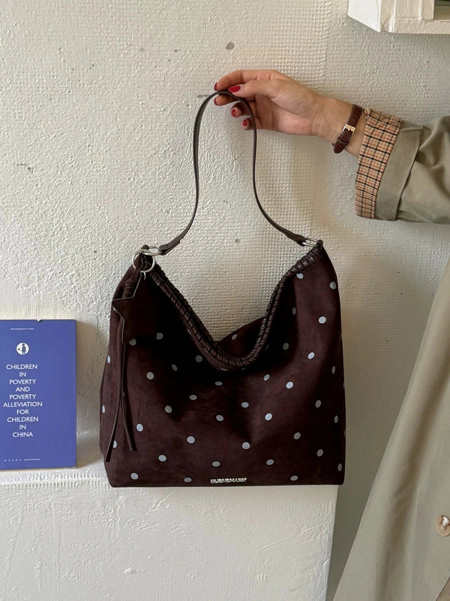 Women's Fall Winter Suede-look Polka-dot Office Workwear Retro Tote Bag Shoulder Crossbody Purse Work Travel Everyday Purse