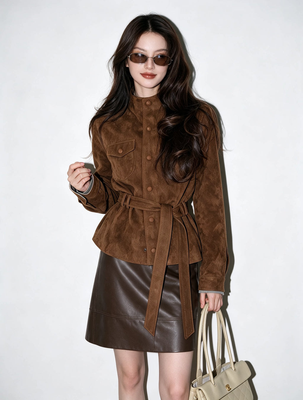 Women's Slim-waist Brown Mandarin Collar Slim-fit Lace-up Retro Jacket Casual Coat for Cold Weather Fall Travel Slimming Outdoor Holiday