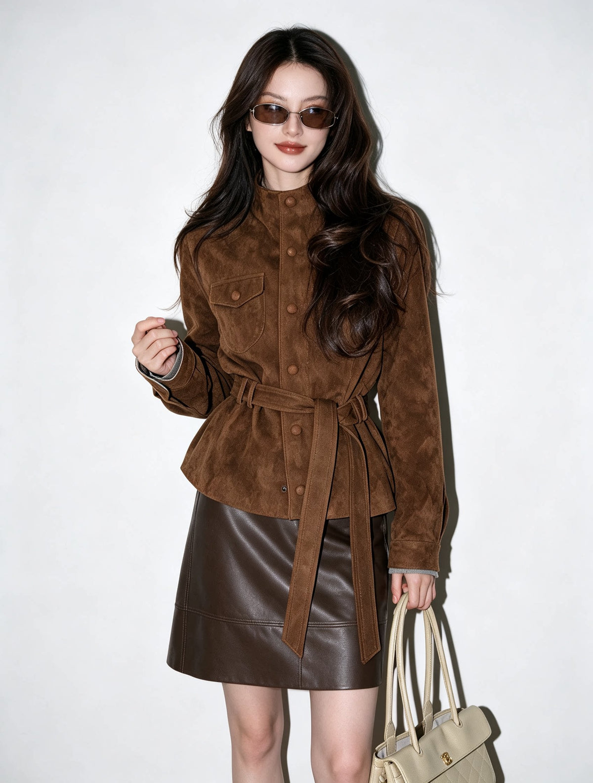 Women's Slim-waist Brown Mandarin Collar Slim-fit Lace-up Retro Jacket Casual Coat for Cold Weather Fall Travel Slimming Outdoor Holiday