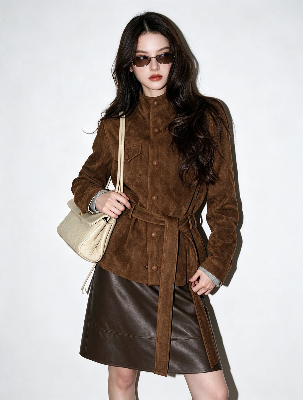 Women's Slim-waist Brown Mandarin Collar Slim-fit Lace-up Retro Jacket Casual Coat for Cold Weather Fall Travel Slimming Outdoor Holiday