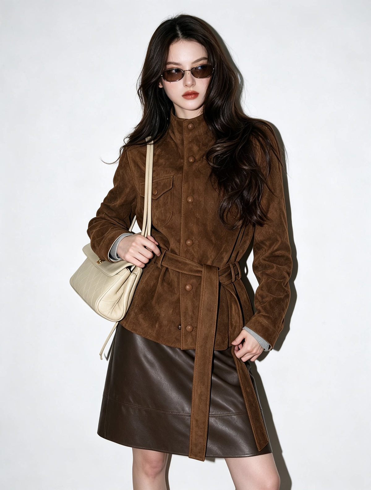 Women's Slim-waist Brown Mandarin Collar Slim-fit Lace-up Retro Jacket Casual Coat for Cold Weather Fall Travel Slimming Outdoor Holiday