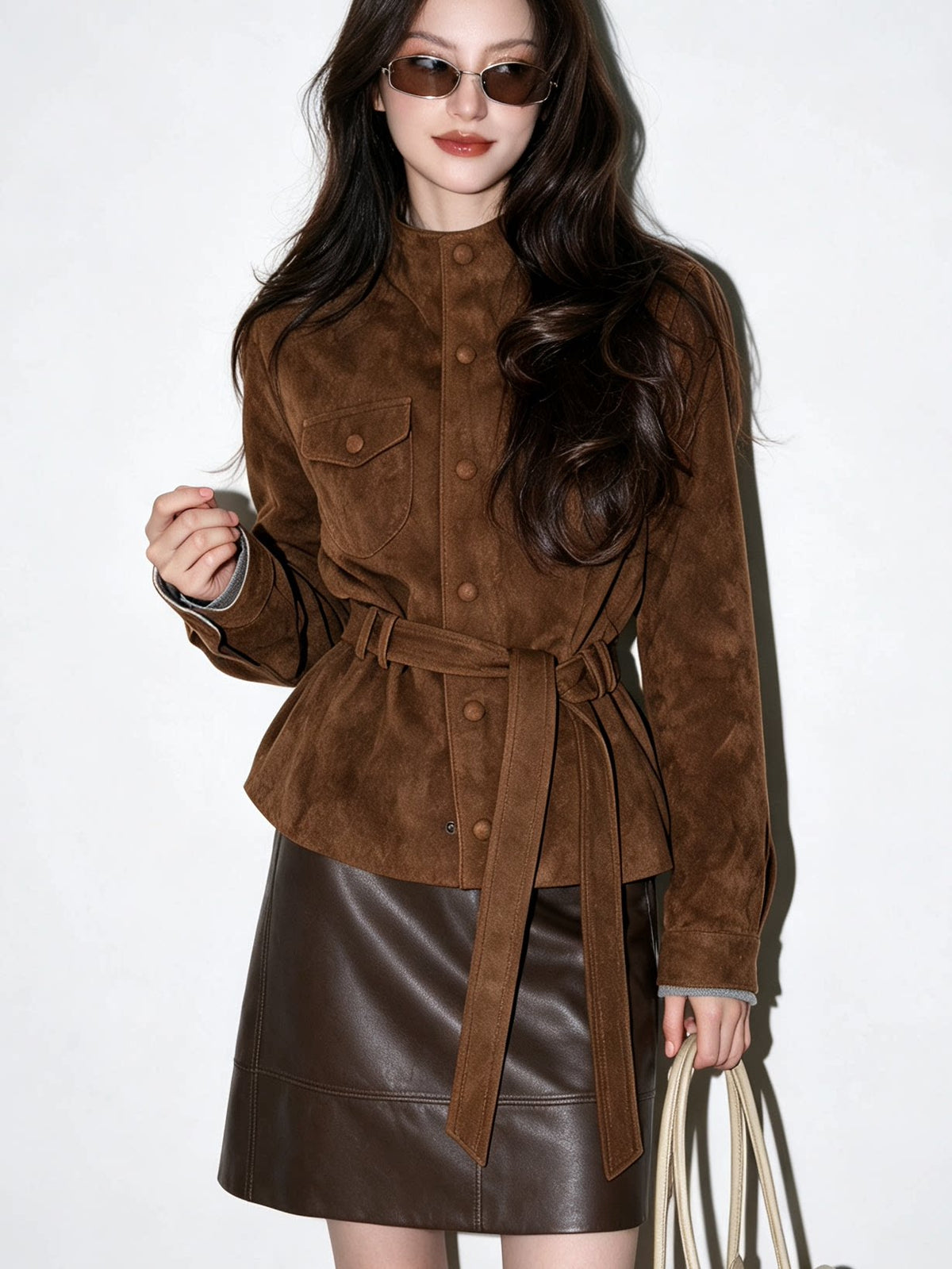 Women's Slim-waist Brown Mandarin Collar Slim-fit Lace-up Retro Jacket Casual Coat for Cold Weather Fall Travel Slimming Outdoor Holiday