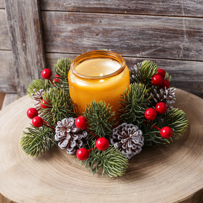 Christmas Noble Fir Wreath with Pinecones, Red Berries and Candlestick, Artificial Evergreen Garland Decoration for Front Door, Mantel and Holiday Table