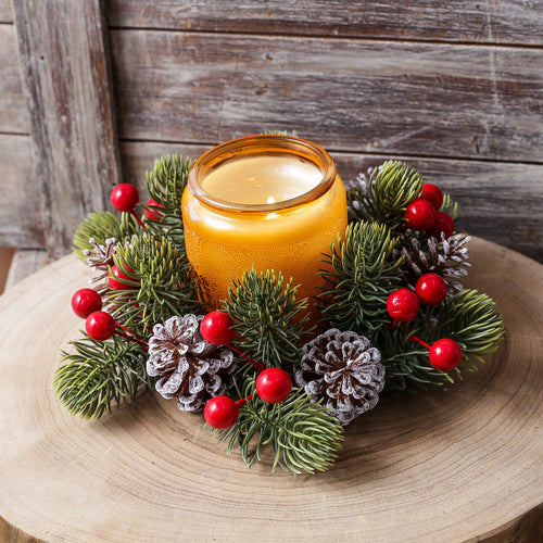 Christmas Noble Fir Wreath with Pinecones, Red Berries and Candlestick, Artificial Evergreen Garland Decoration for Front Door, Mantel and Holiday Table