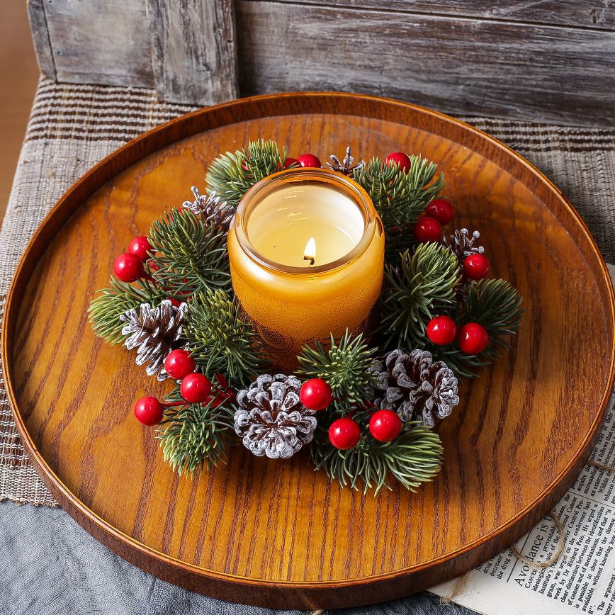 Christmas Noble Fir Wreath with Pinecones, Red Berries and Candlestick, Artificial Evergreen Garland Decoration for Front Door, Mantel and Holiday Table