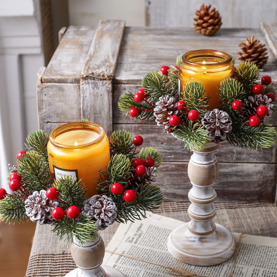 Christmas Noble Fir Wreath with Pinecones, Red Berries and Candlestick, Artificial Evergreen Garland Decoration for Front Door, Mantel and Holiday Table