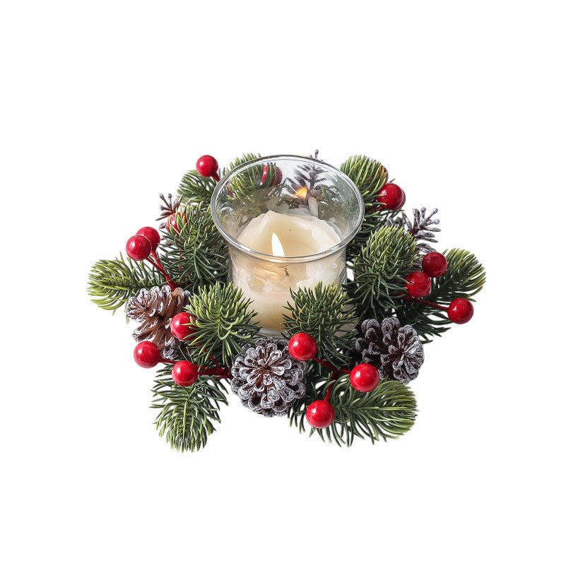 Christmas Noble Fir Wreath with Pinecones, Red Berries and Candlestick, Artificial Evergreen Garland Decoration for Front Door, Mantel and Holiday Table