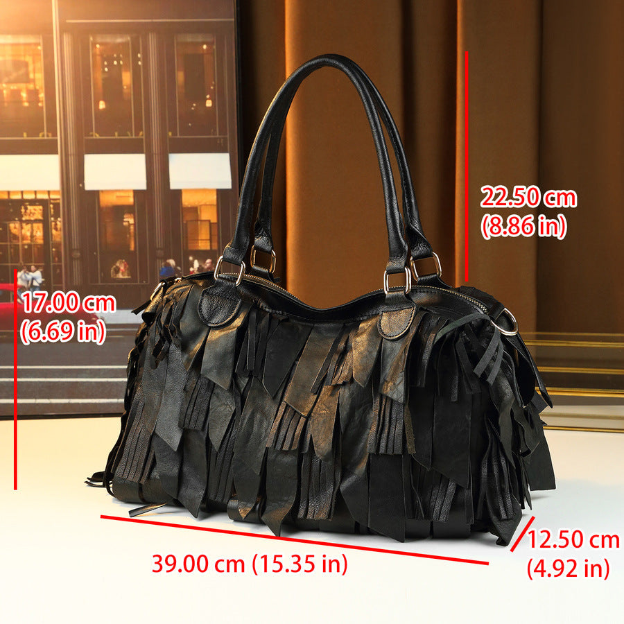 Women's Large-capacity Tassel Leather Tote Bag Shoulder Crossbody Purse Versatile Work and Travel Office