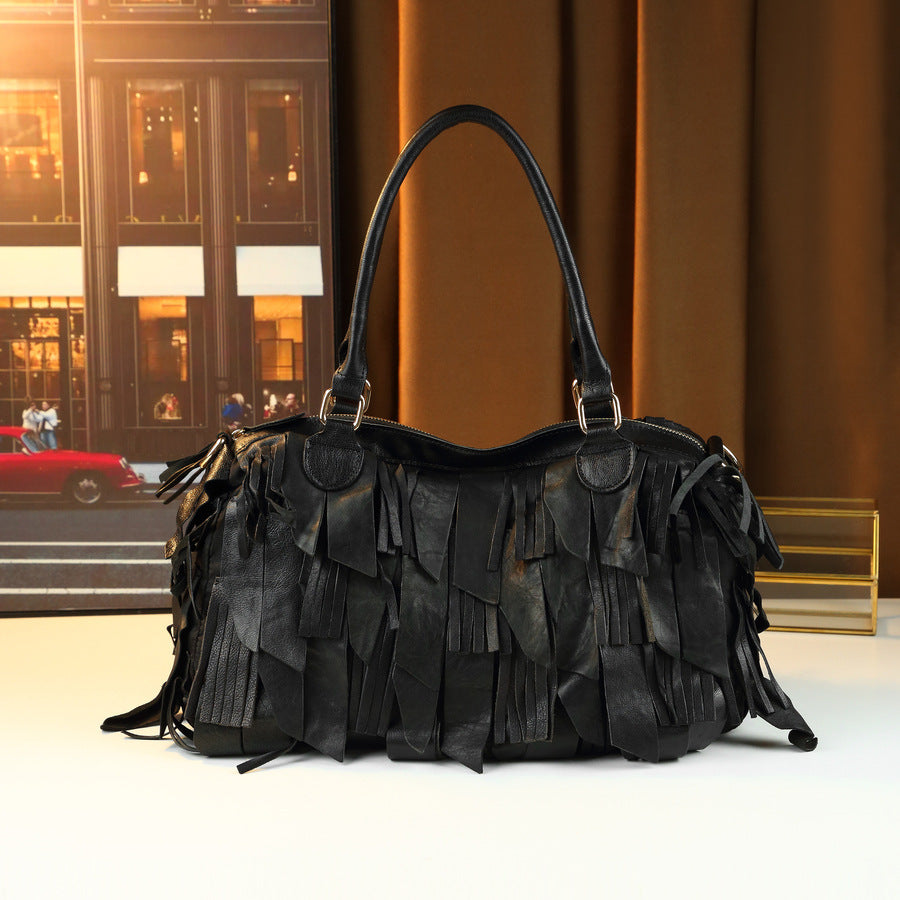 Women's Large-capacity Tassel Leather Tote Bag Shoulder Crossbody Purse Versatile Work and Travel Office