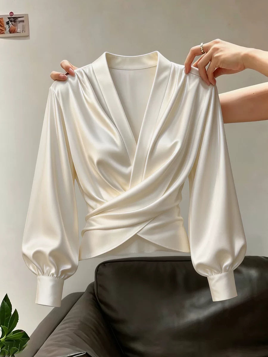 Women's V-Neck Slim-Waist Satin Long Sleeve Asymmetric French-Inspired Shirt for Office Outfits Business Casual Streetwear Weekend Everyday