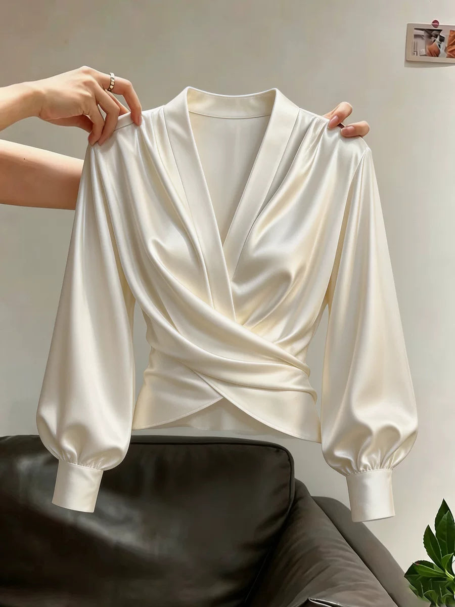 Women's V-Neck Slim-Waist Satin Long Sleeve Asymmetric French-Inspired Shirt for Office Outfits Business Casual Streetwear Weekend Everyday