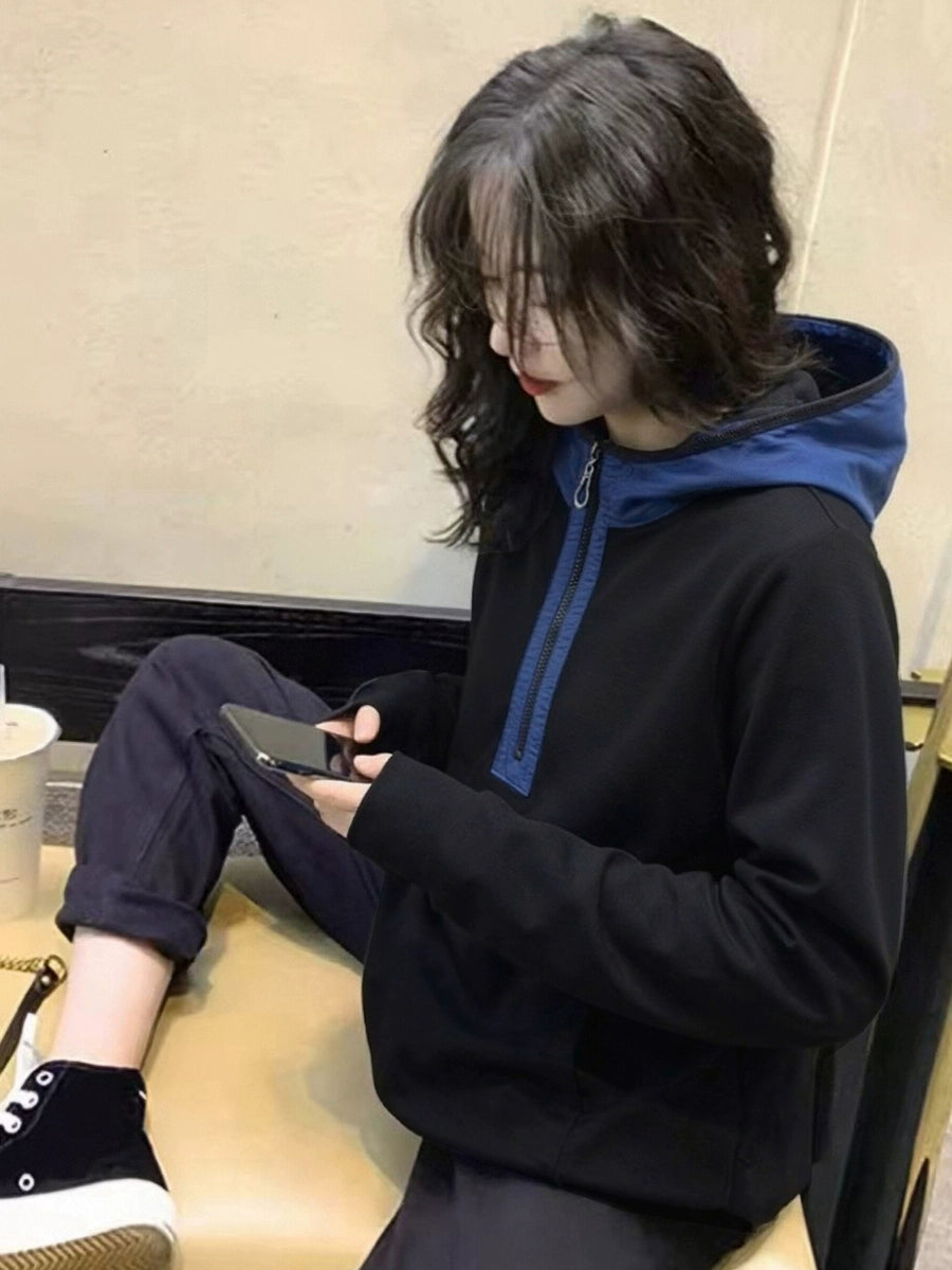 Women's Half-zip Plus Size Oversized Slim-fit Color-block Korean-style Casual Hoodie Sweatshirt for Layering in Spring Streetwear Fall Slimming Travel