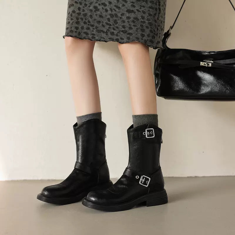 Women's Winter Chunky Sole Round Toe Mid Heel Low Heel Plus Size British-Style Martin Combat Boots for Fall Outfits Streetwear Office and Weekend Everyday Wear