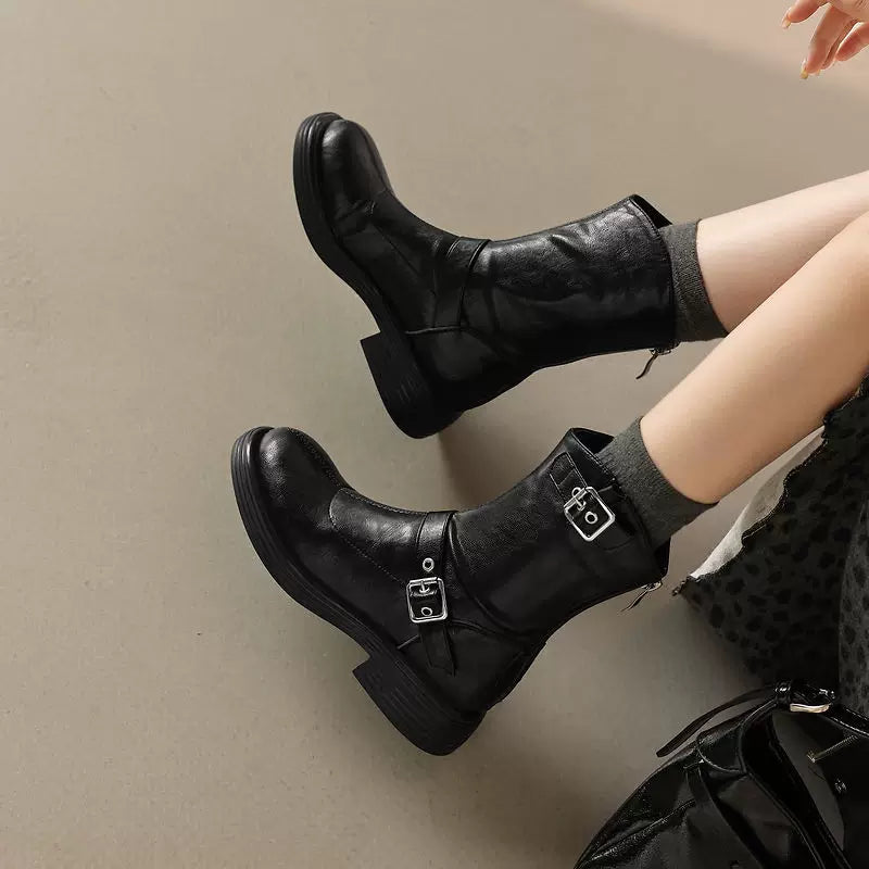 Women's Winter Chunky Sole Round Toe Mid Heel Low Heel Plus Size British-Style Martin Combat Boots for Fall Outfits Streetwear Office and Weekend Everyday Wear
