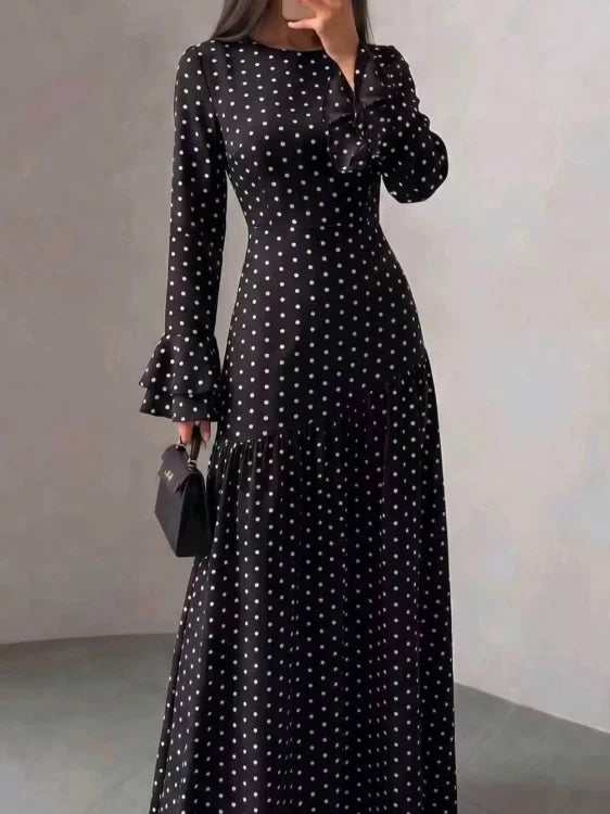 Women's Flare Sleeve Slim-waist Ruffle Polka-dot Open-back Dress Party Evening Outfit Party Evening Casual Outfit