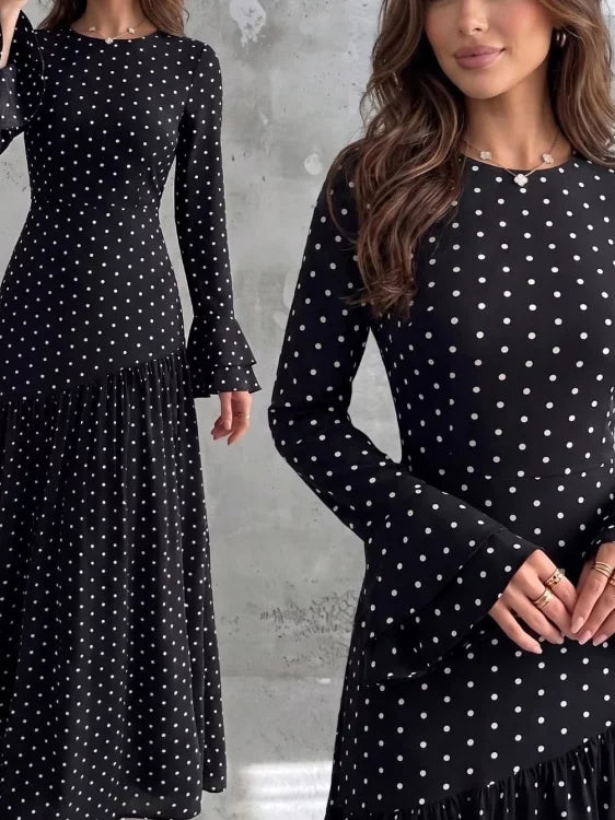 Women's Flare Sleeve Slim-waist Ruffle Polka-dot Open-back Dress Party Evening Outfit Party Evening Casual Outfit