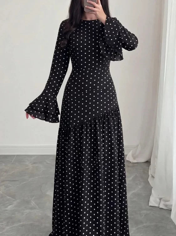 Women's Flare Sleeve Slim-waist Ruffle Polka-dot Open-back Dress Party Evening Outfit Party Evening Casual Outfit