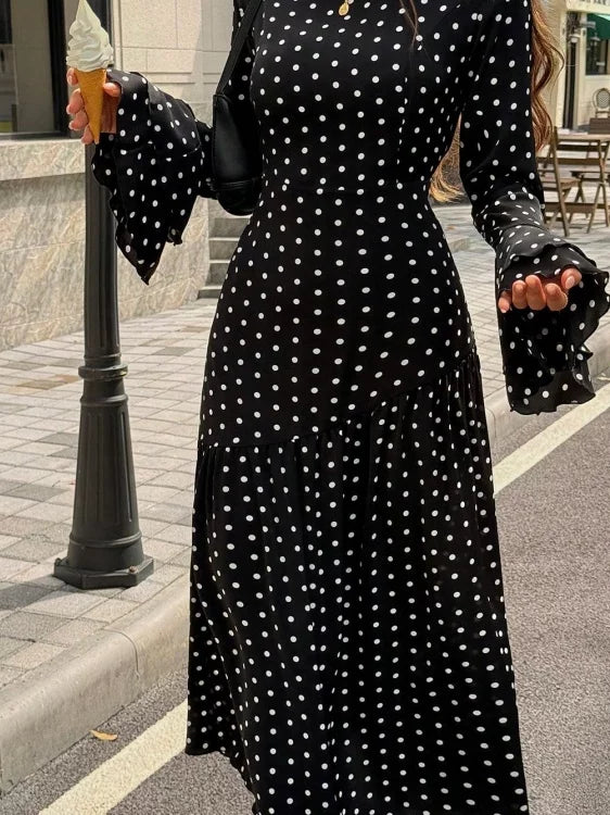 Women's Flare Sleeve Slim-waist Ruffle Polka-dot Open-back Dress Party Evening Outfit Party Evening Casual Outfit