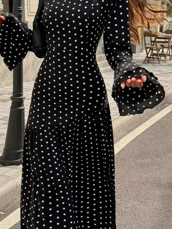 Women's Flare Sleeve Slim-waist Ruffle Polka-dot Open-back Dress Party Evening Outfit Party Evening Casual Outfit