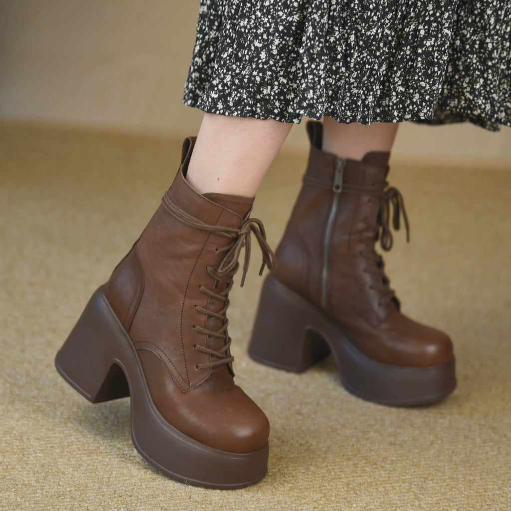 Women's Winter Chunky Sole Block Heel High Heel Lace-Up Retro Martin Combat Boots Ankle for Fall Outfits Streetwear Office and Weekend Everyday Wear