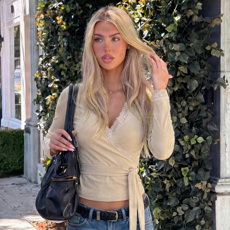 Women's V-Neck Lace Slim-Fit Long Sleeve T-Shirt Casual Tee for Date Night Streetwear Everyday Wear Summer Weekend