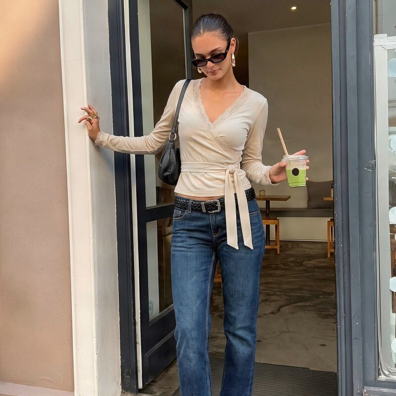 Women's V-Neck Lace Slim-Fit Long Sleeve T-Shirt Casual Tee for Date Night Streetwear Everyday Wear Summer Weekend