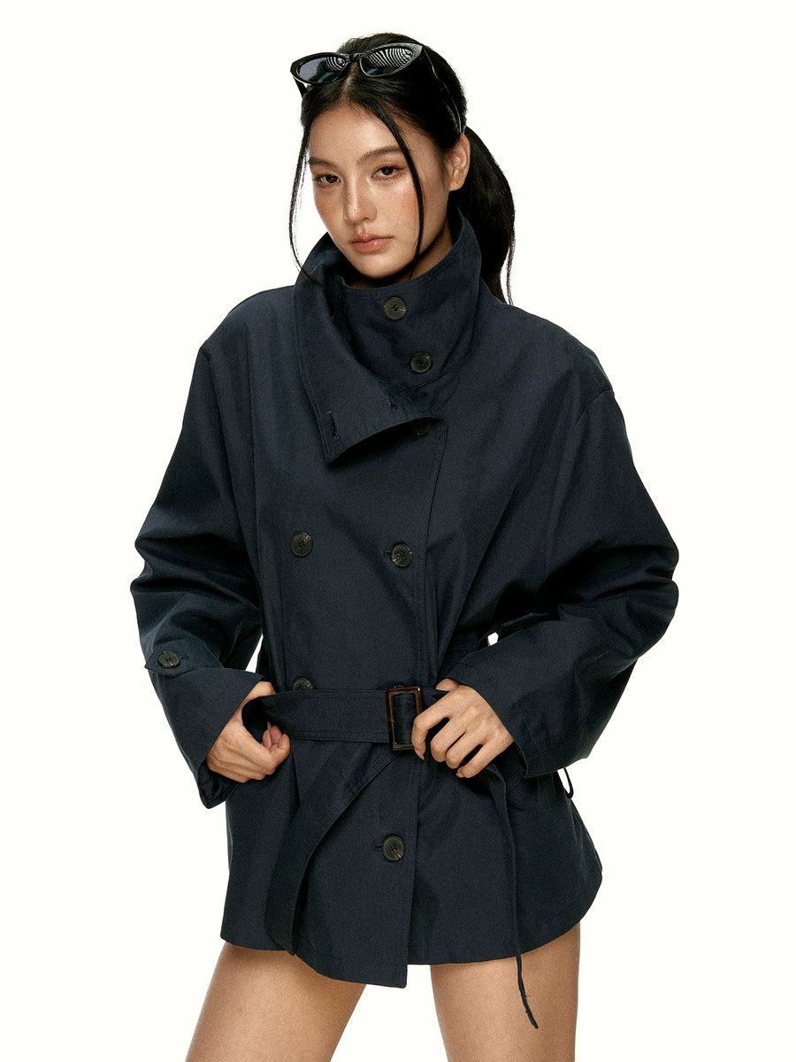 Women's Slim-Waist Navy Lapel Double-Breasted Cropped Casual Trench Coat for Fall Layering Travel Office Holiday Date Night