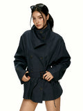 Women's Slim-Waist Navy Lapel Double-Breasted Cropped Casual Trench Coat for Fall Layering Travel Office Holiday Date Night