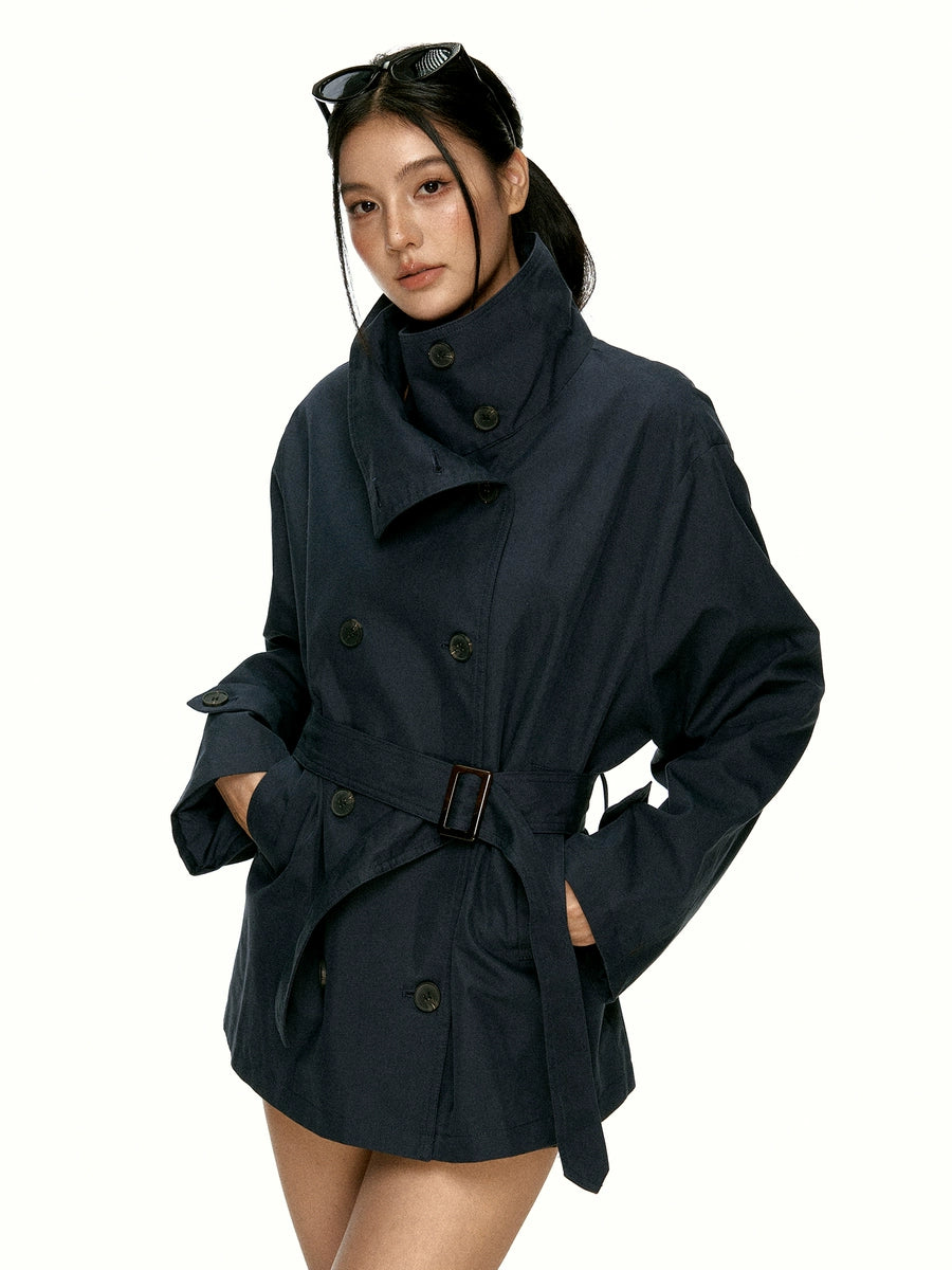 Women's Slim-Waist Navy Lapel Double-Breasted Cropped Casual Trench Coat for Fall Layering Travel Office Holiday Date Night