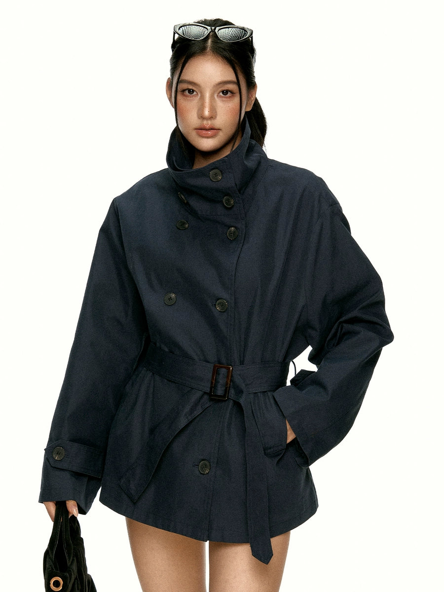 Women's Slim-Waist Navy Lapel Double-Breasted Cropped Casual Trench Coat for Fall Layering Travel Office Holiday Date Night