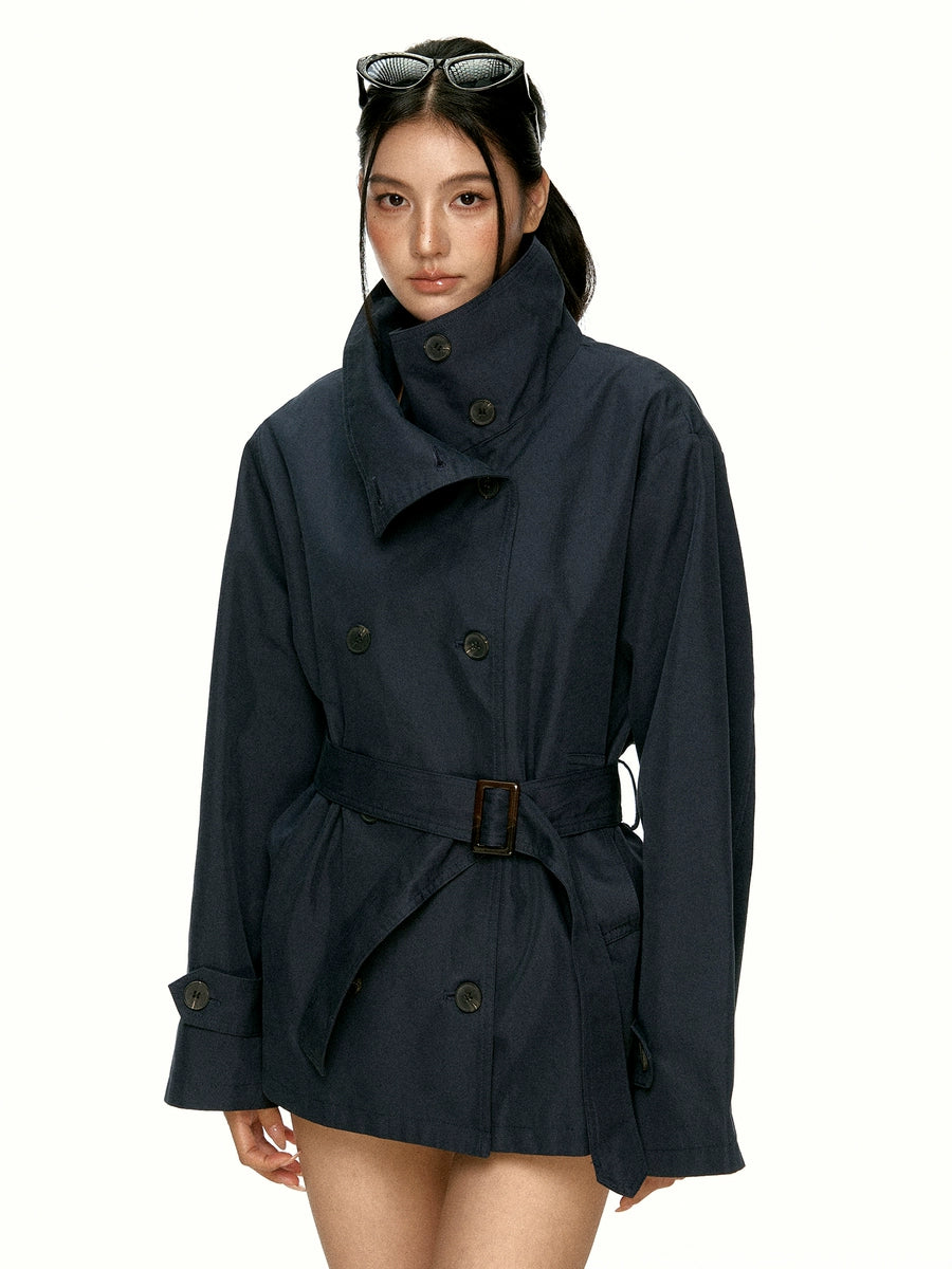 Women's Slim-Waist Navy Lapel Double-Breasted Cropped Casual Trench Coat for Fall Layering Travel Office Holiday Date Night