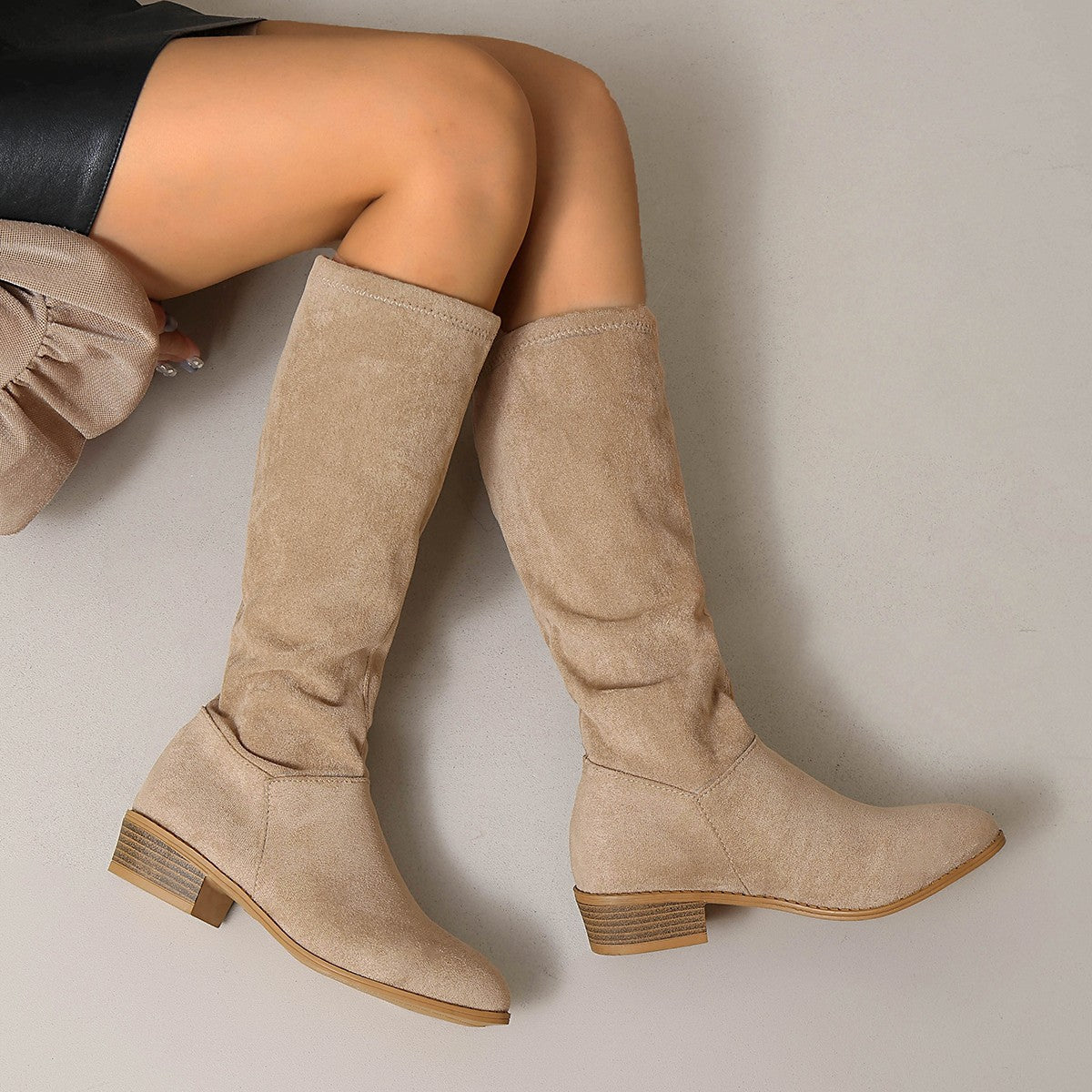 Women's Suede Pointed Toe Block Heel Mid Heel Tall Riding Boots Knee-High Boots