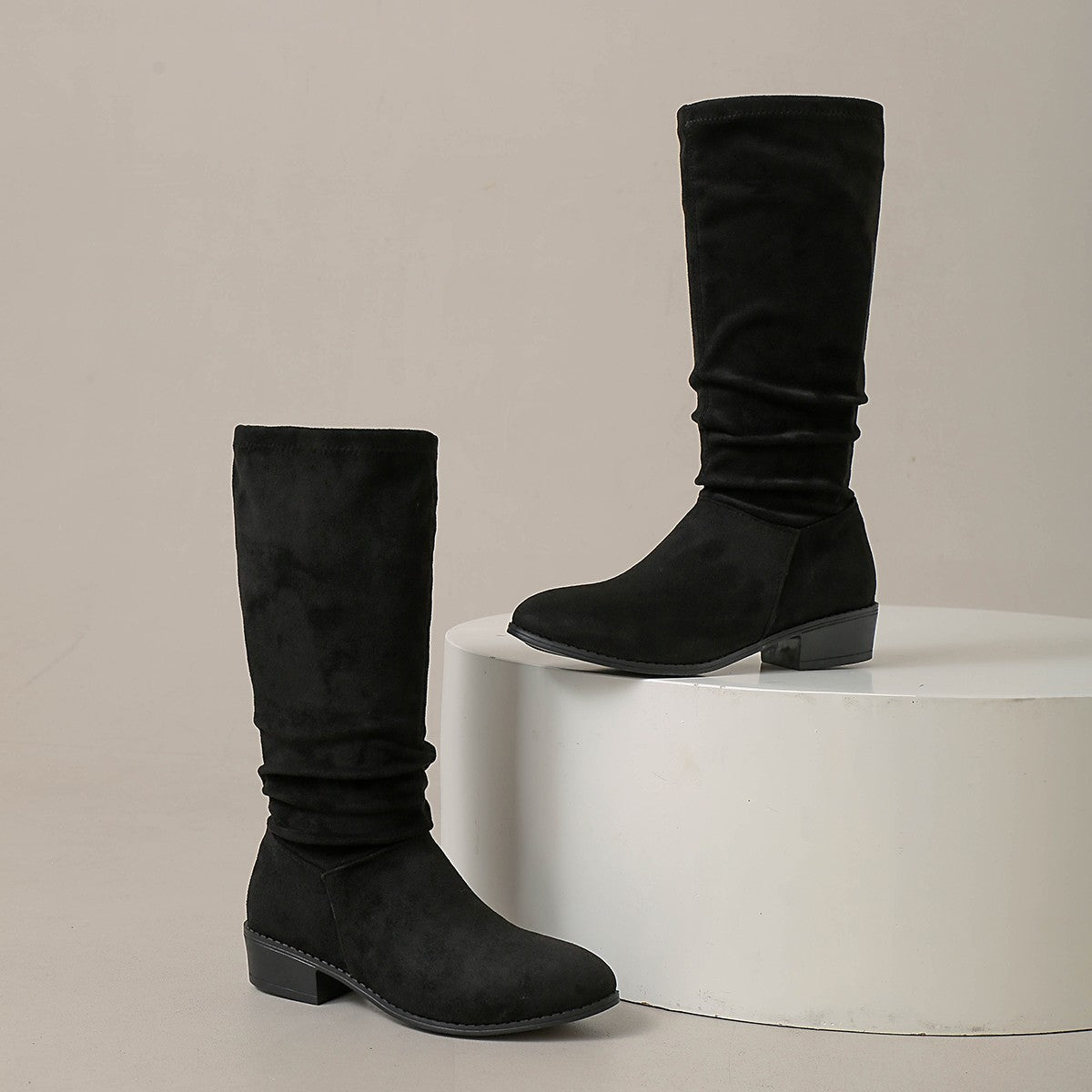 Women's Suede Pointed Toe Block Heel Mid Heel Tall Riding Boots Knee-High Boots