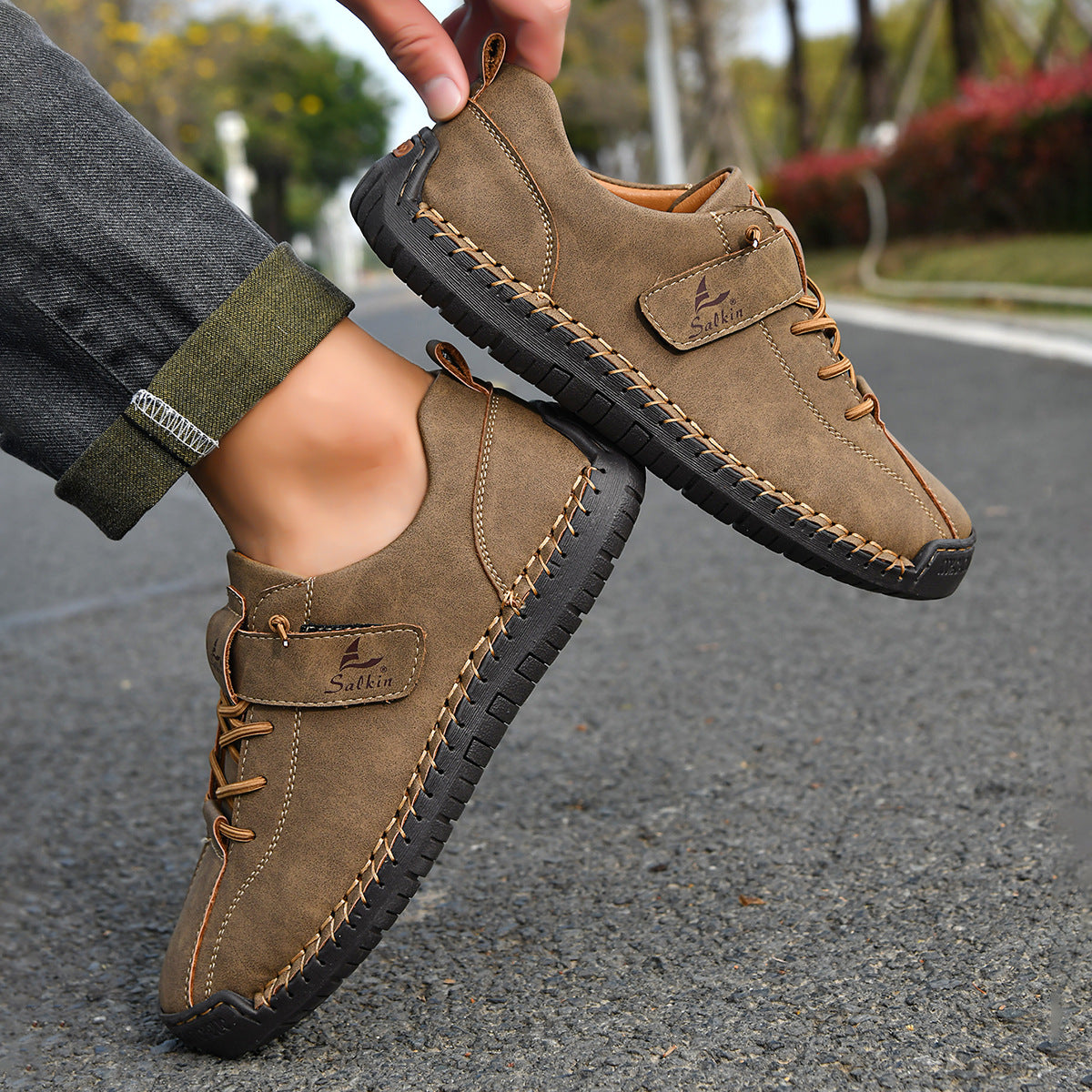 Men's Hand-Stitched Plus Size Slip-On Casual Martin Combat Boots Ankle Walking Everyday