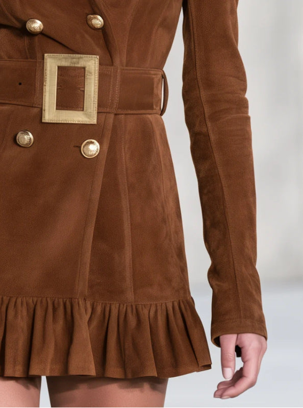 Women's Brown Ruffle Retro Casual Clothing Fashion Outfit