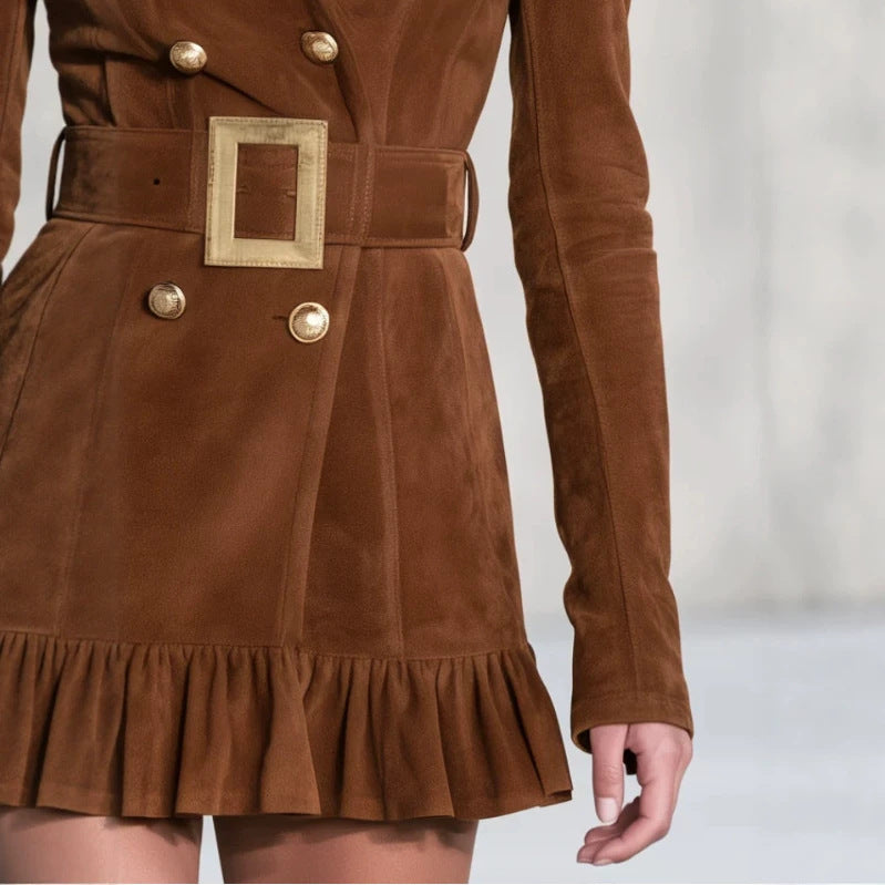 Women's Brown Ruffle Retro Casual Clothing Fashion Outfit