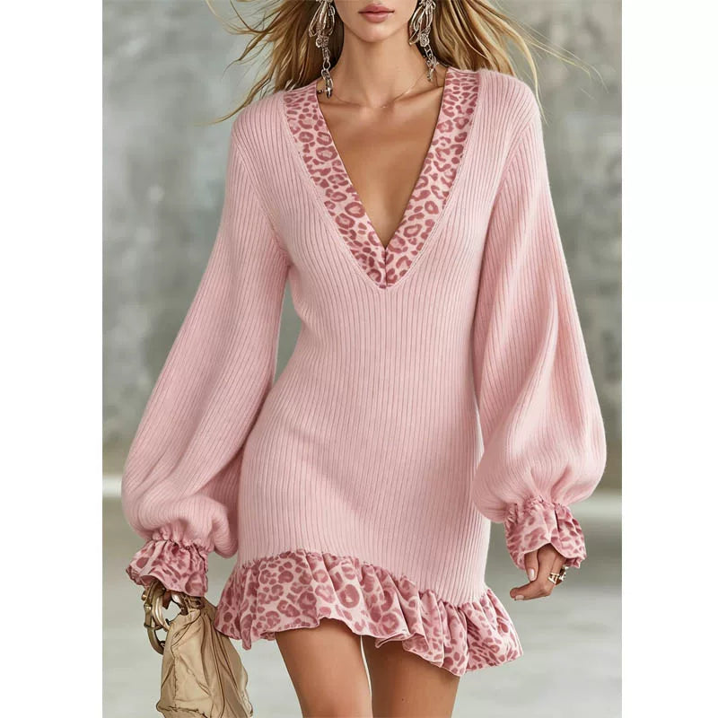 Women's V-neck Fall Winter Ruffle Lantern Sleeve Leopard Knit Evening Dress Bodycon Knit Midi Dress Formal Party Wedding Guest Dress