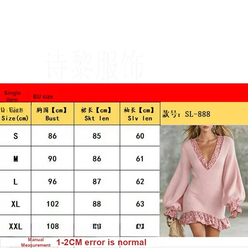 Women's V-neck Fall Winter Ruffle Lantern Sleeve Leopard Knit Evening Dress Bodycon Knit Midi Dress Formal Party Wedding Guest Dress